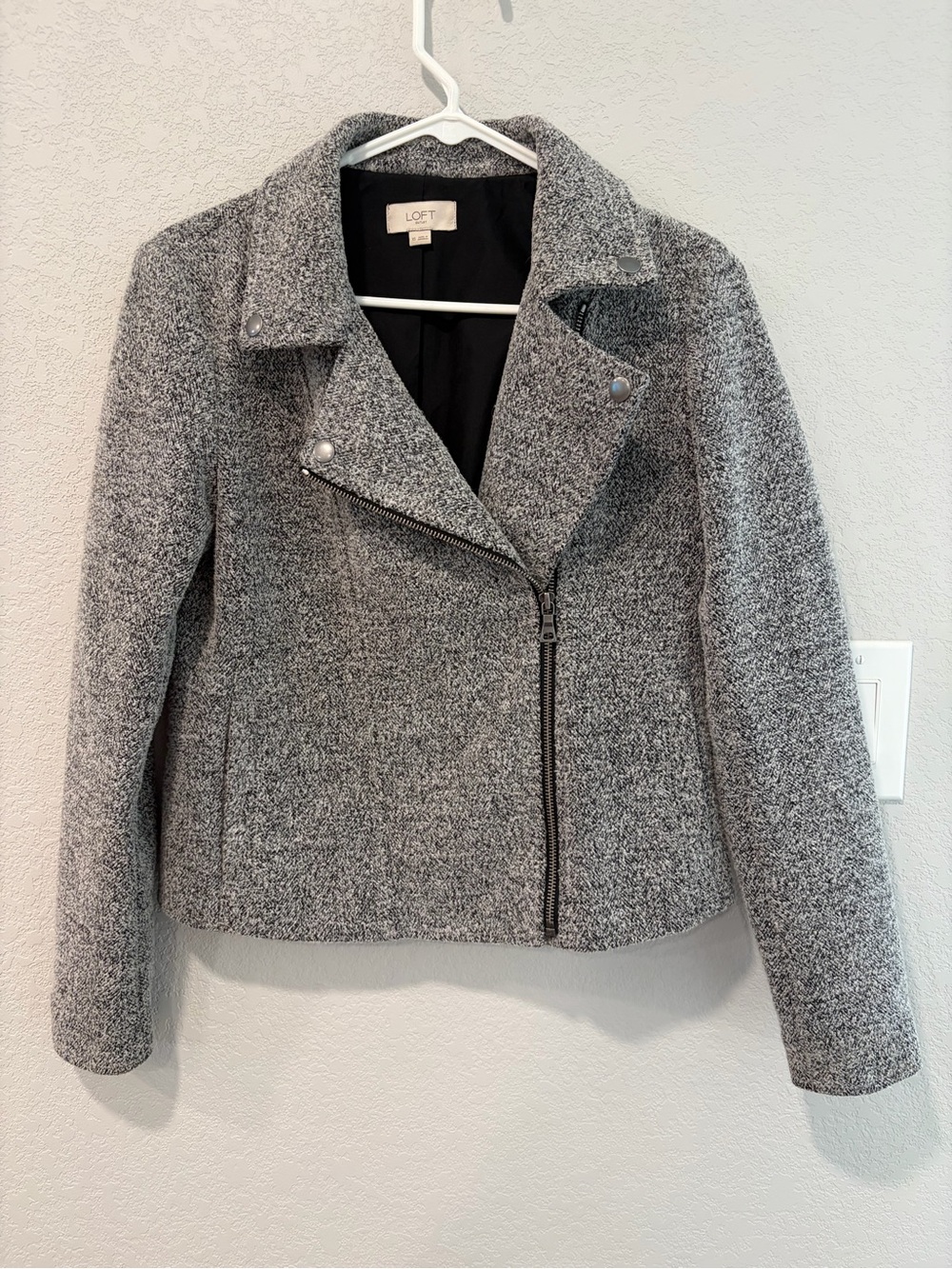 LOFT Gray Bouclé Asymmetrical Zip Moto Blazer